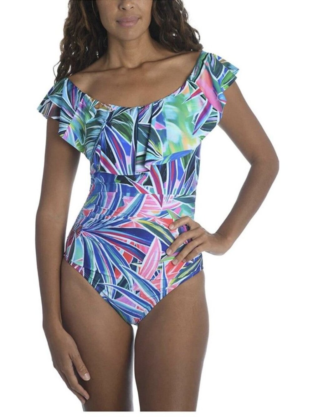 La Blanca Womens Ruffled Bandeau One Piece Swimsuit In Tropical Blues Size 12/14